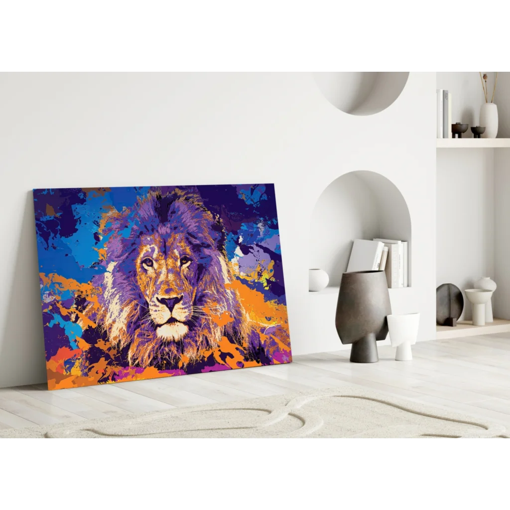 Vibrant purple lion canvas wall art with orange accents on white wall