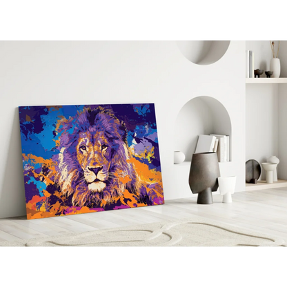 Vibrant purple lion canvas wall art with orange accents on white wall