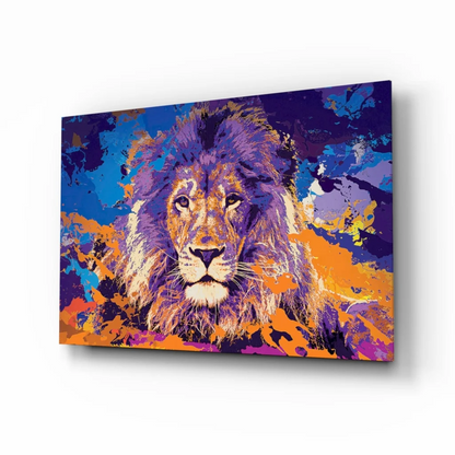 Vibrant purple lion canvas wall art with orange accents