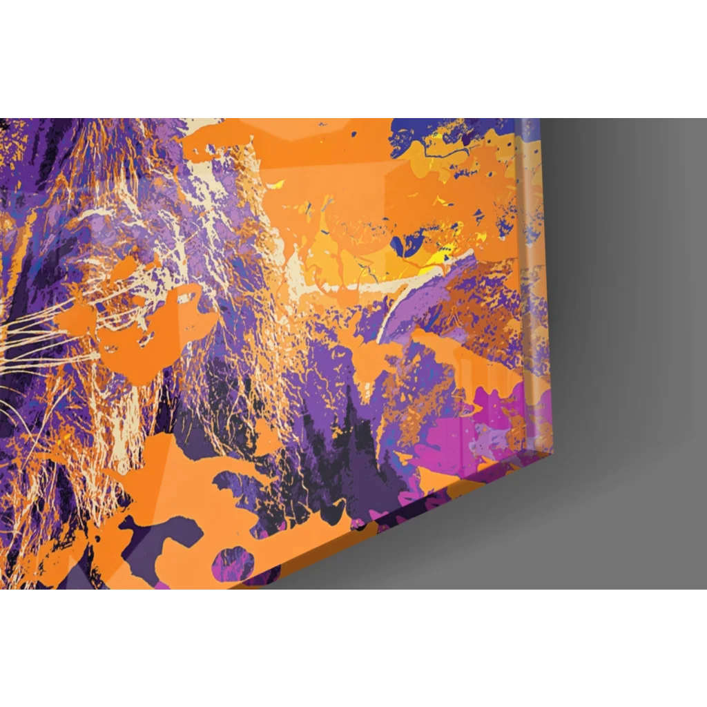Vibrant purple lion canvas wall art with orange accents and textured brushstrokes