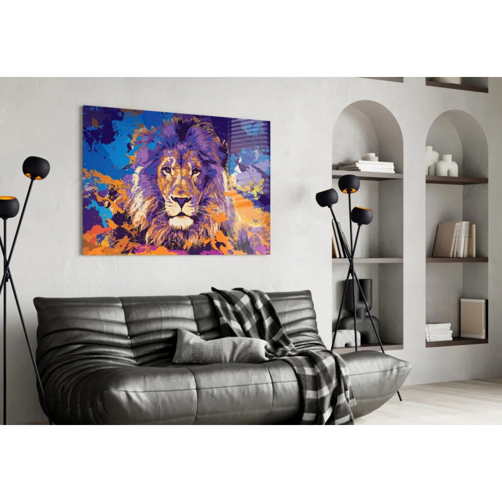Vibrant purple lion wall art with orange accents over black leather couch