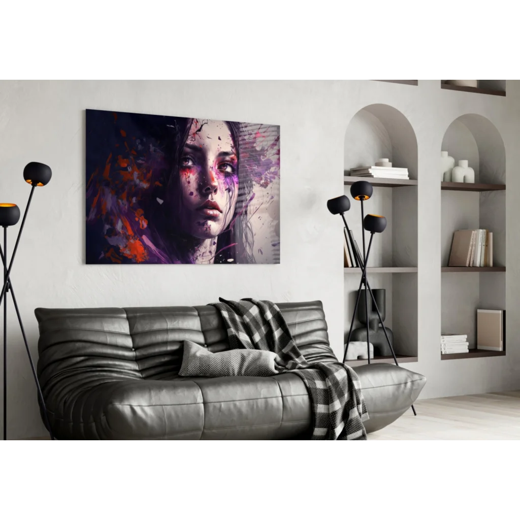 Vibrant purple paint splash woman portrait canvas wall art