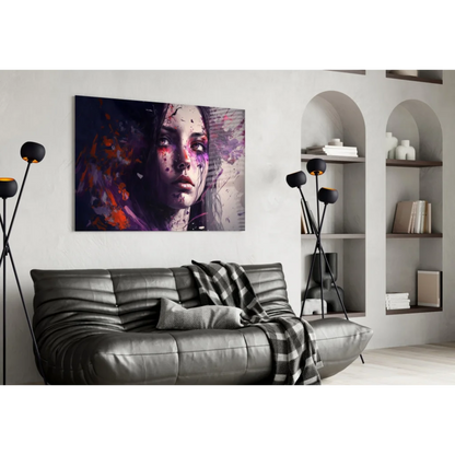 Vibrant purple paint splash woman portrait canvas wall art