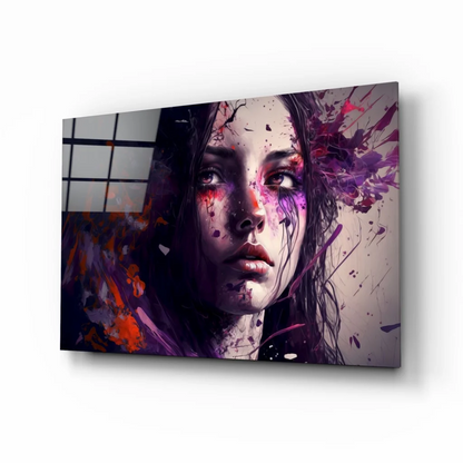 Stylized woman portrait canvas wall art with vibrant purple paint splashes