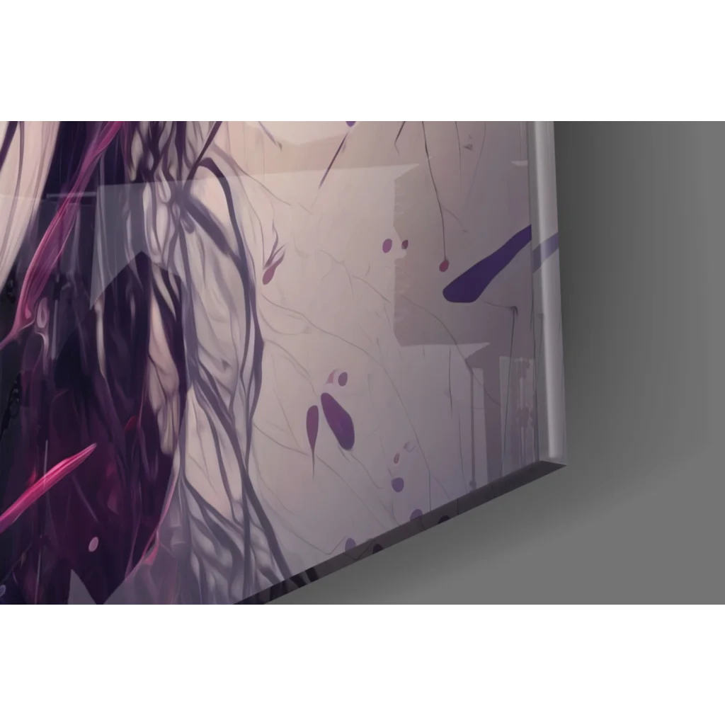 Anime woman with vibrant purple paint splash hair on glass wall art