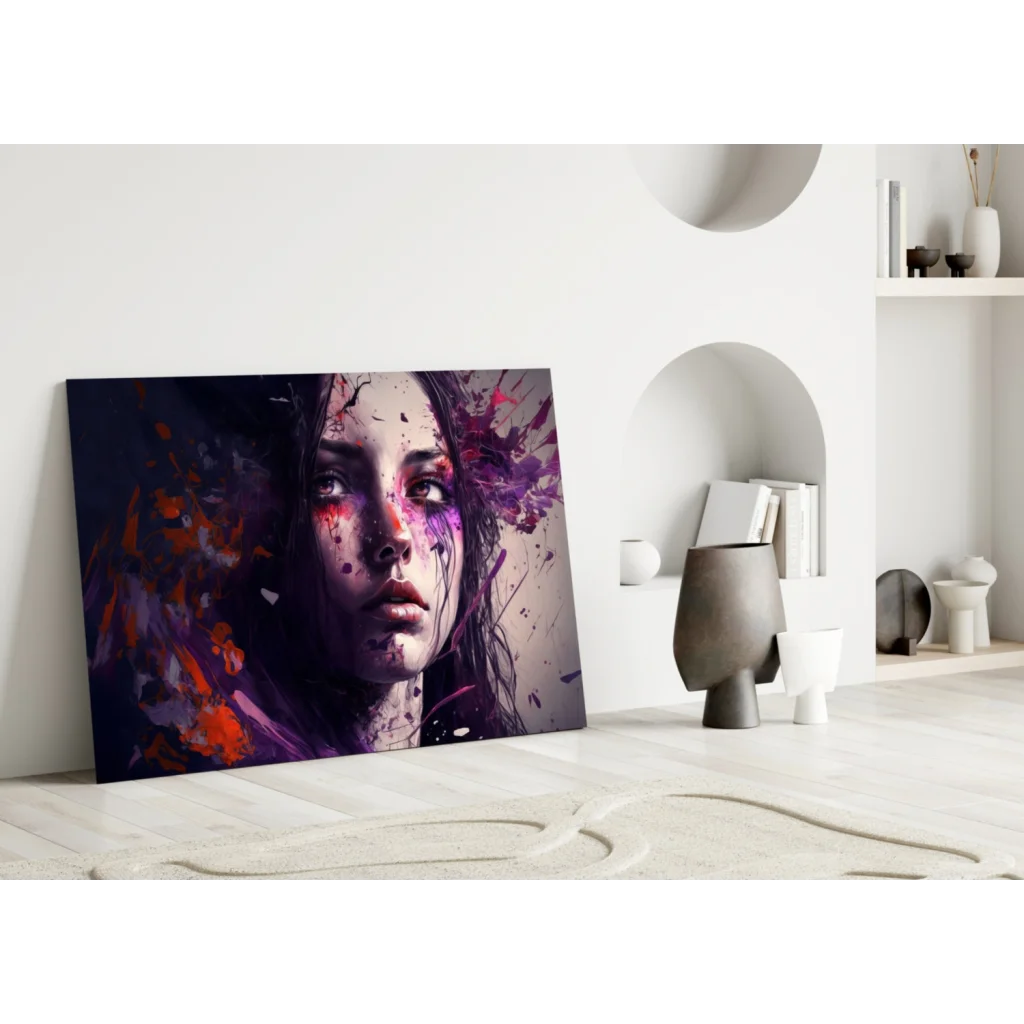 Vibrant purple paint splash woman portrait wall art on canvas
