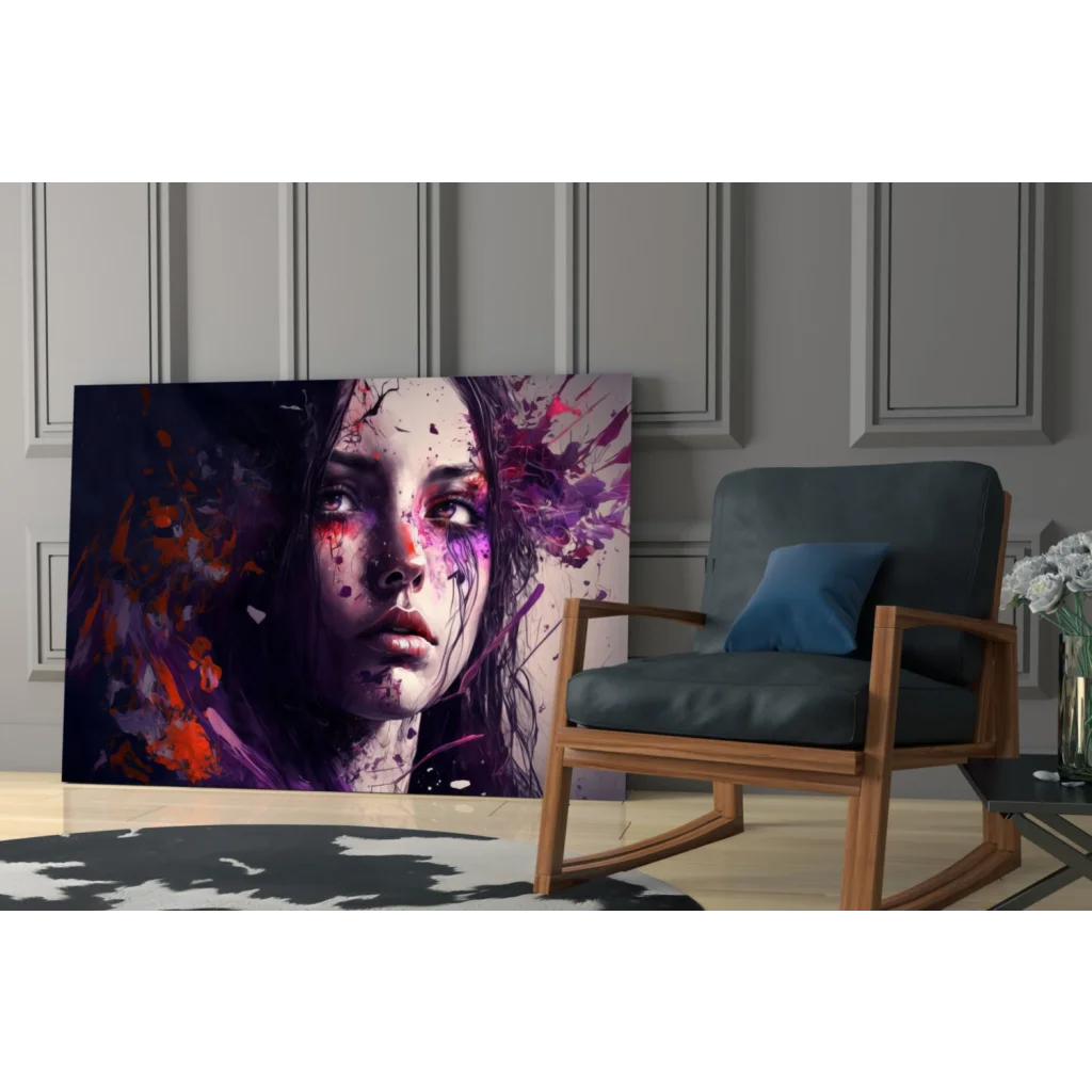 Vibrant purple paint splash woman portrait canvas wall art