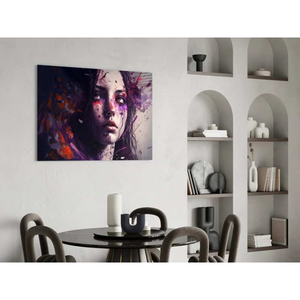 Vibrant purple paint splash woman portrait canvas wall art