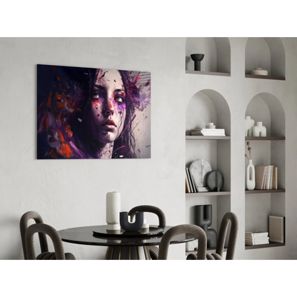 Vibrant purple paint splash woman portrait canvas wall art