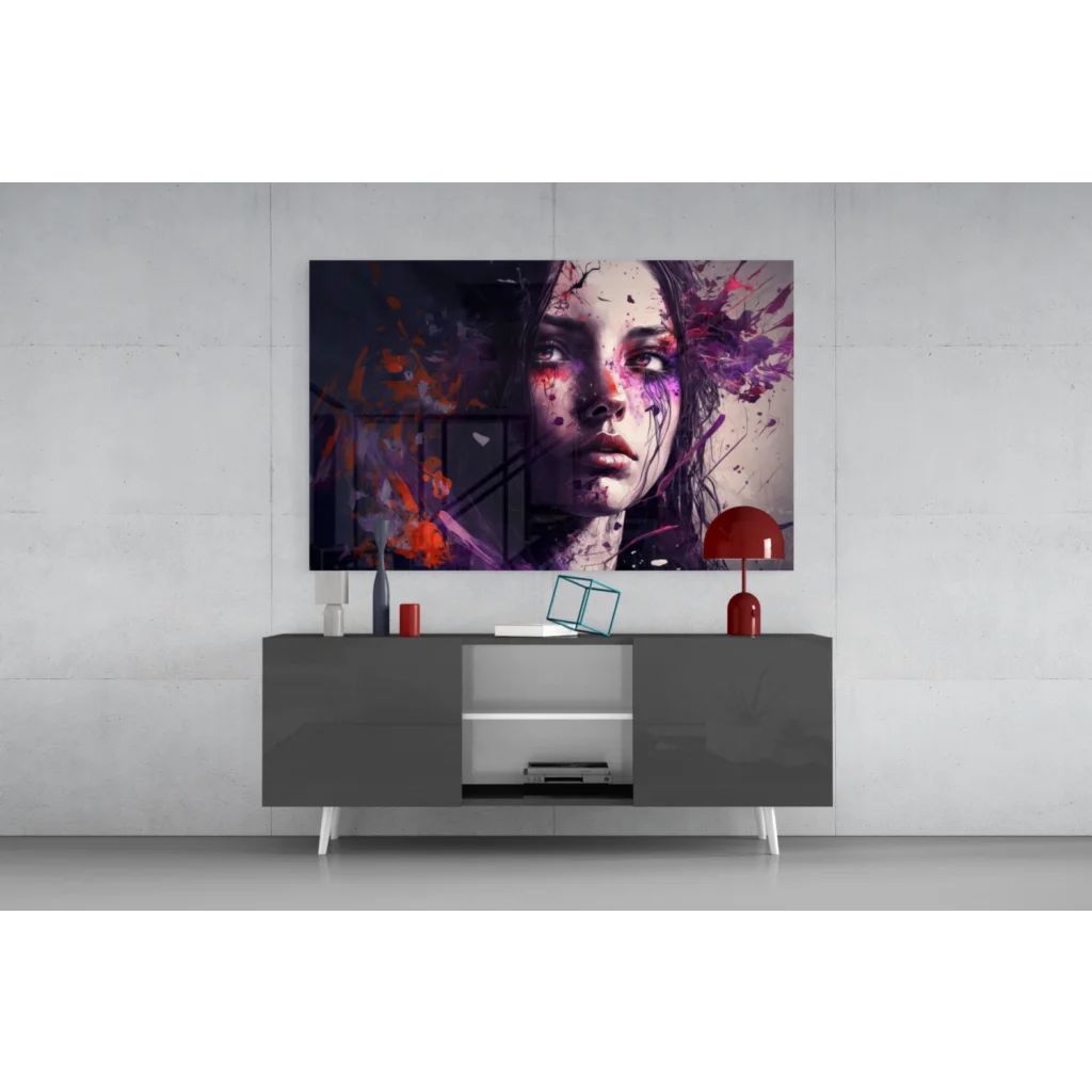 Vibrant purple paint splash woman portrait canvas wall art