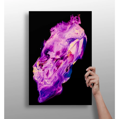 Hand holding vibrant purple pink swirl aluminum wall art print