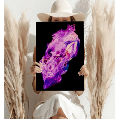 Vibrant purple pink swirl abstract fluid art print on black canvas in white hat