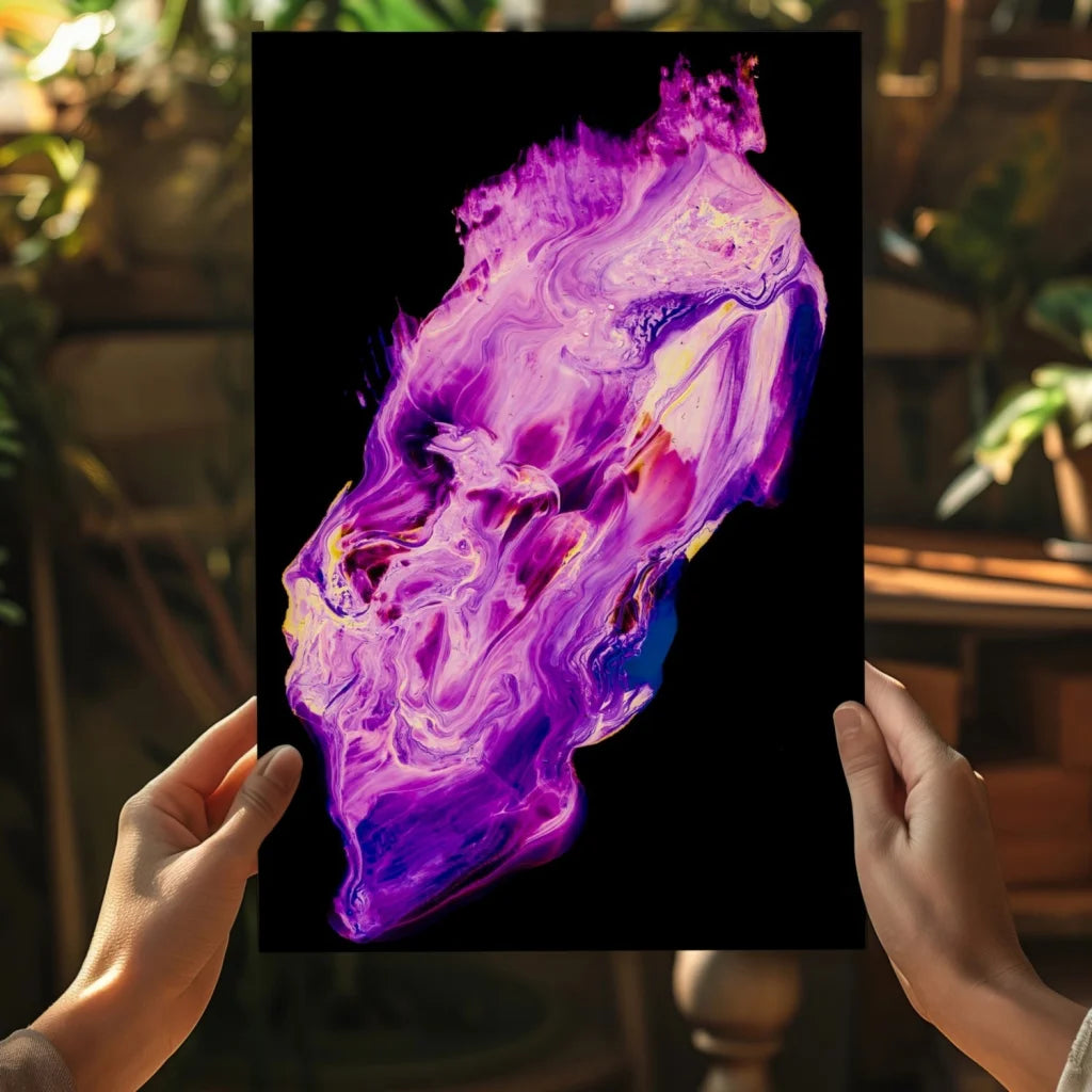 Hands holding vibrant purple pink swirl abstract art print on black canvas