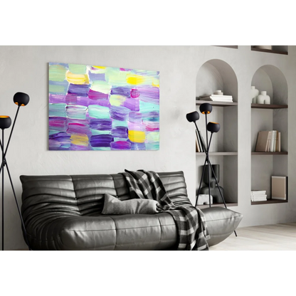 Vibrant purple teal abstract canvas wall art explosion on wall