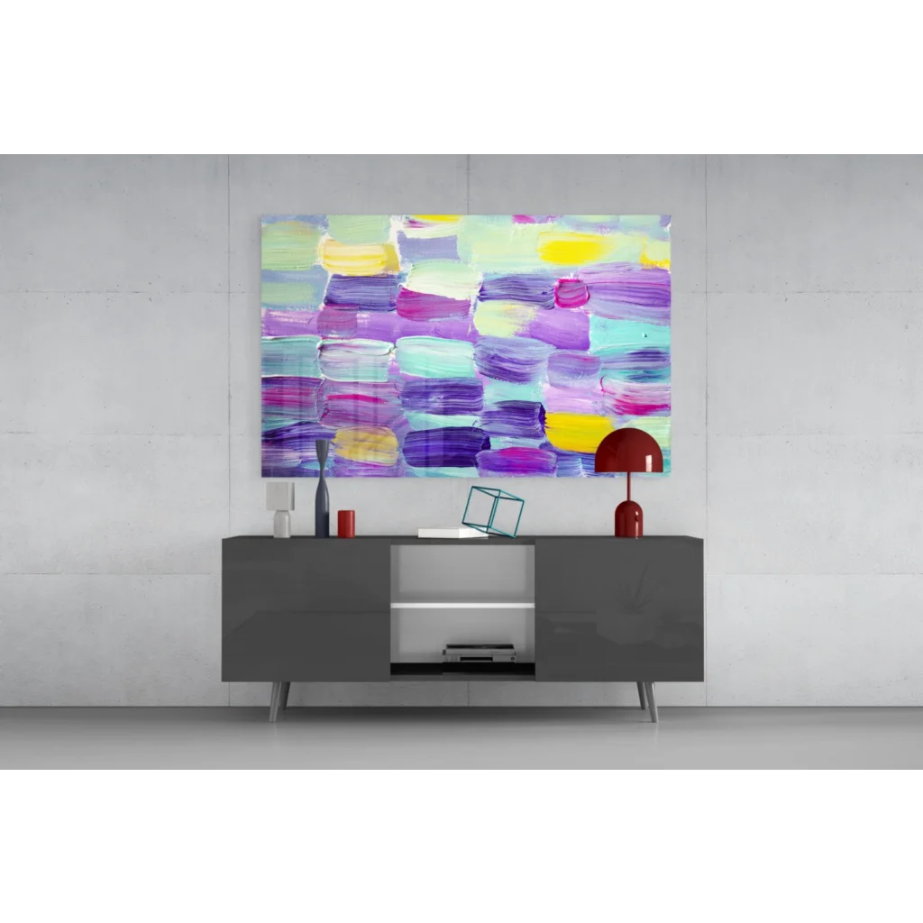 Vibrant purple teal abstract canvas wall art explosion with bold brushstrokes