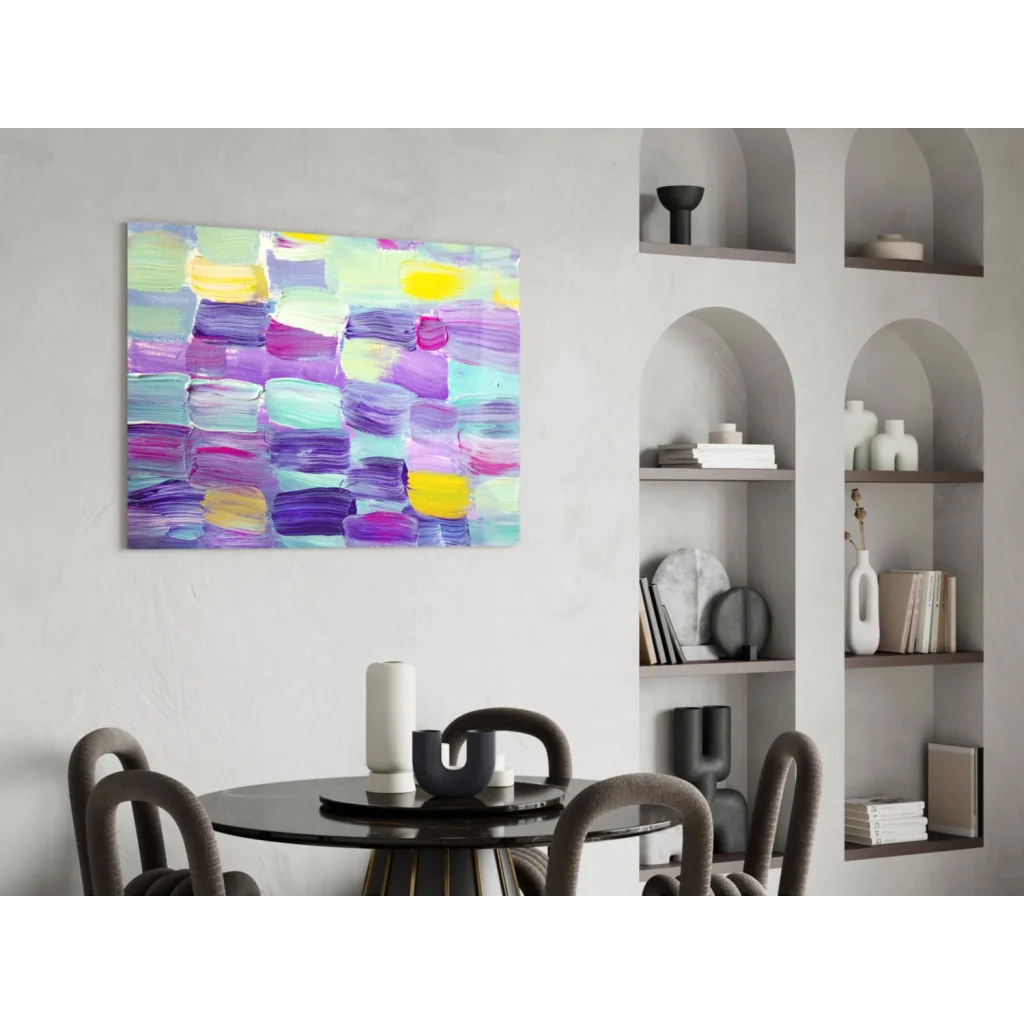 Vibrant purple teal abstract canvas wall art explosion on white wall