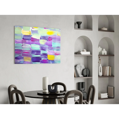 Vibrant purple teal abstract canvas wall art explosion on white wall