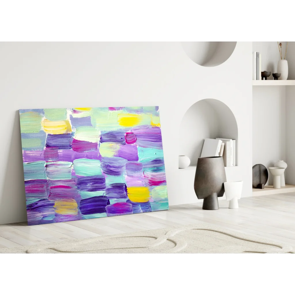Vibrant purple teal abstract canvas wall art explosion with bold brushstrokes
