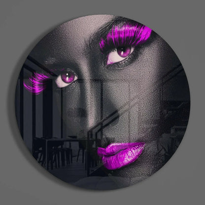 Vibrant purple tempered glass art with bold pink accents on circular canvas