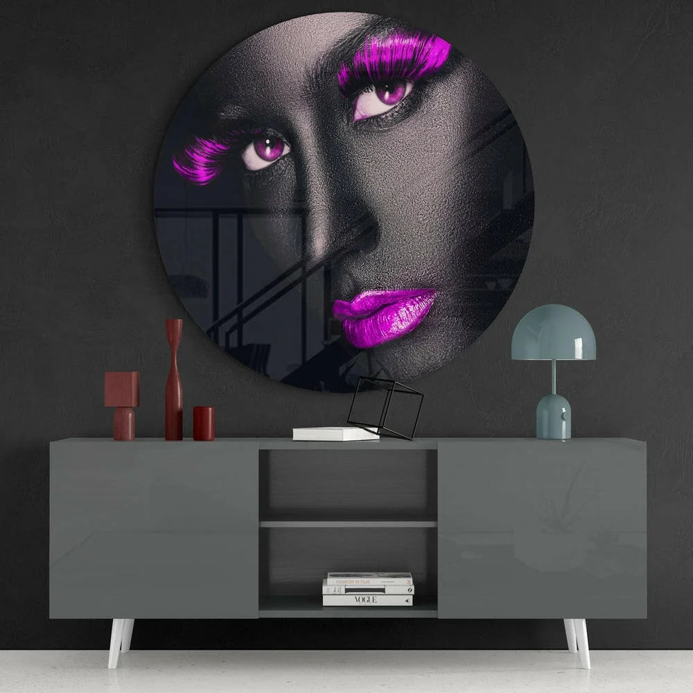 Round black and purple tempered glass art with pink accents