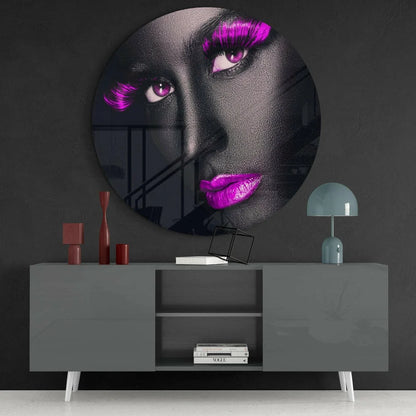 Round black and purple tempered glass art with pink accents