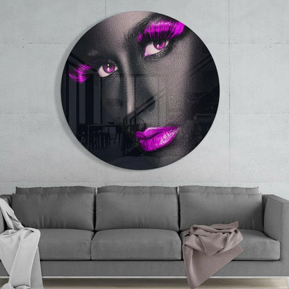 Round black and purple tempered glass art with bold pink eyes and lips