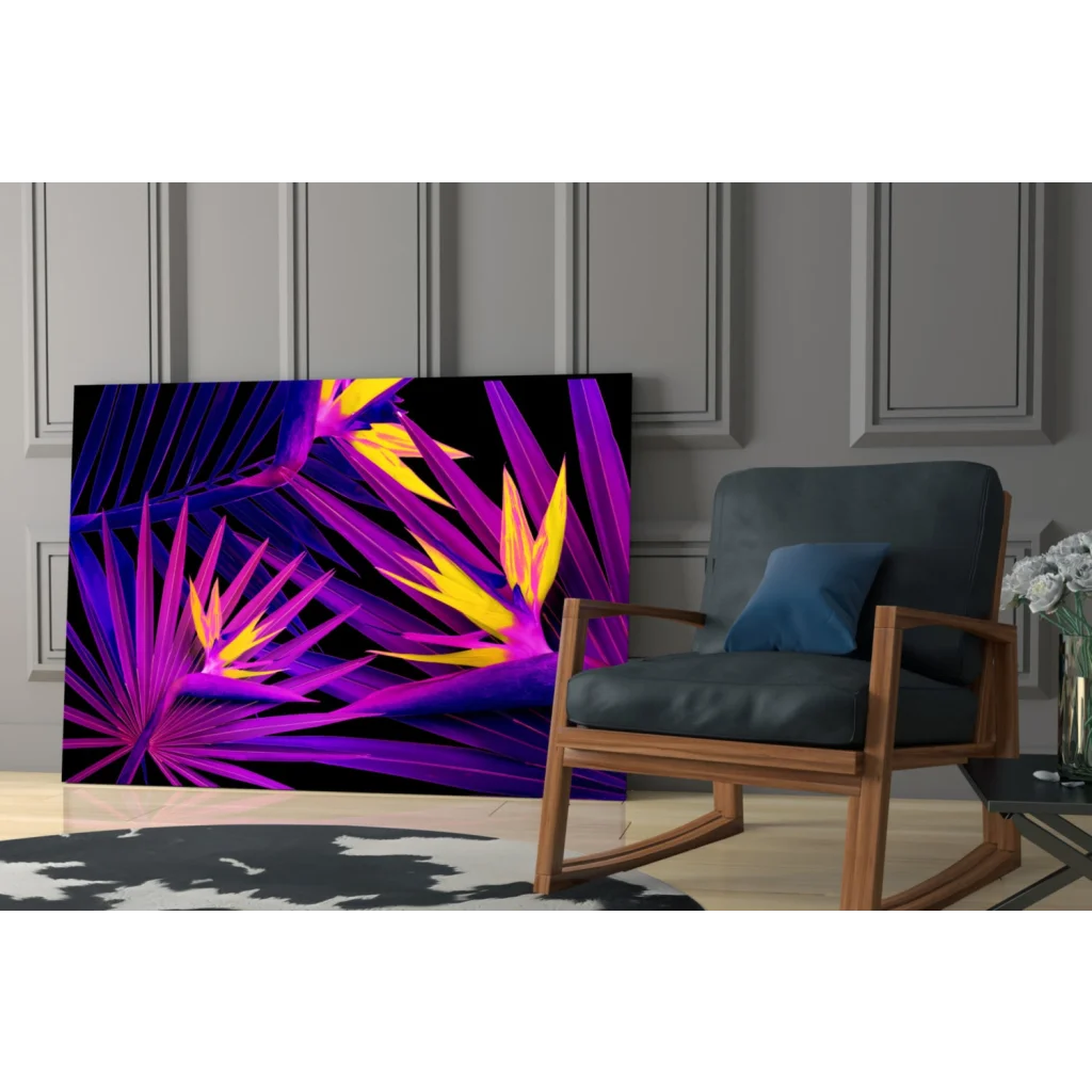 Vibrant purple tropical leaf glass wall art with 4K smart TV frame