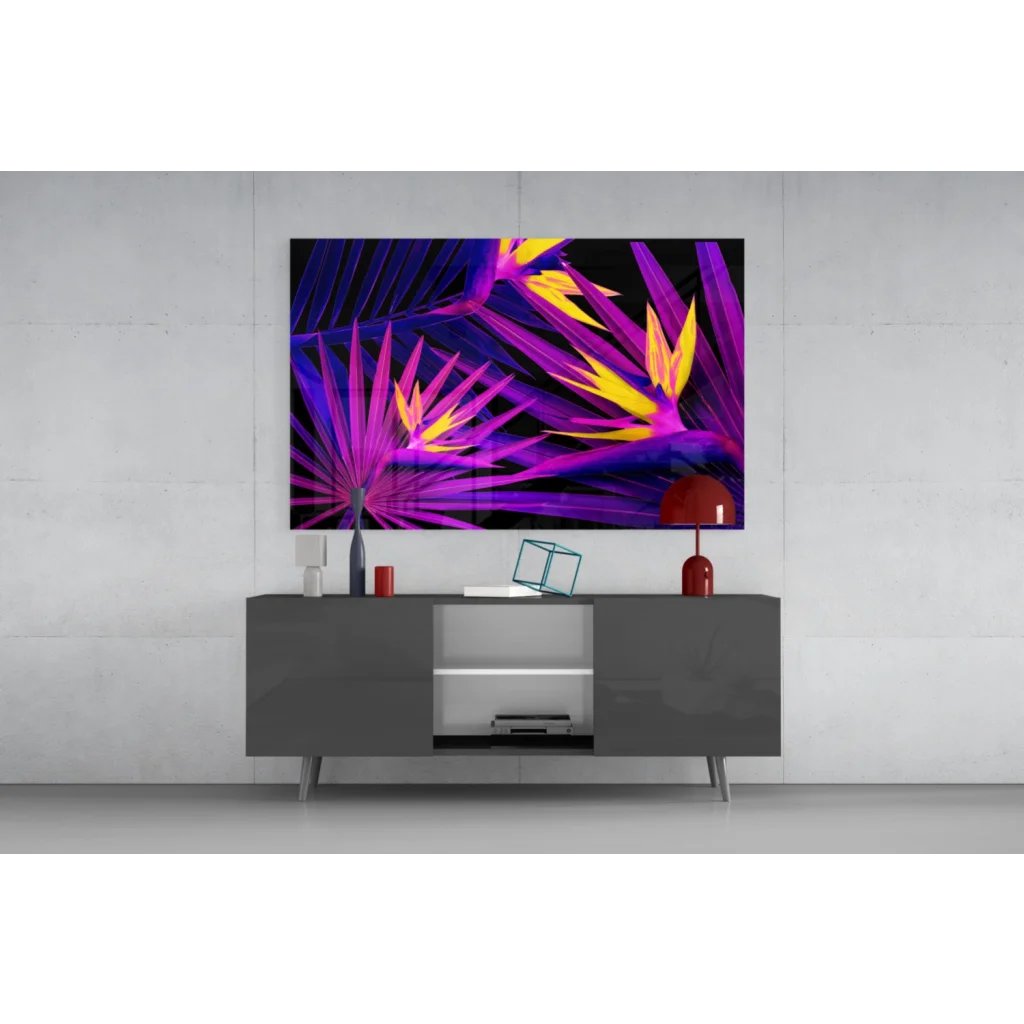 Samsung QLED TV showing vibrant purple tropical leaf wall art print
