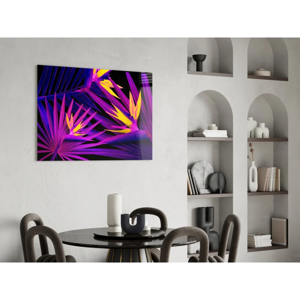 Vibrant purple and yellow tropical leaf wall art print