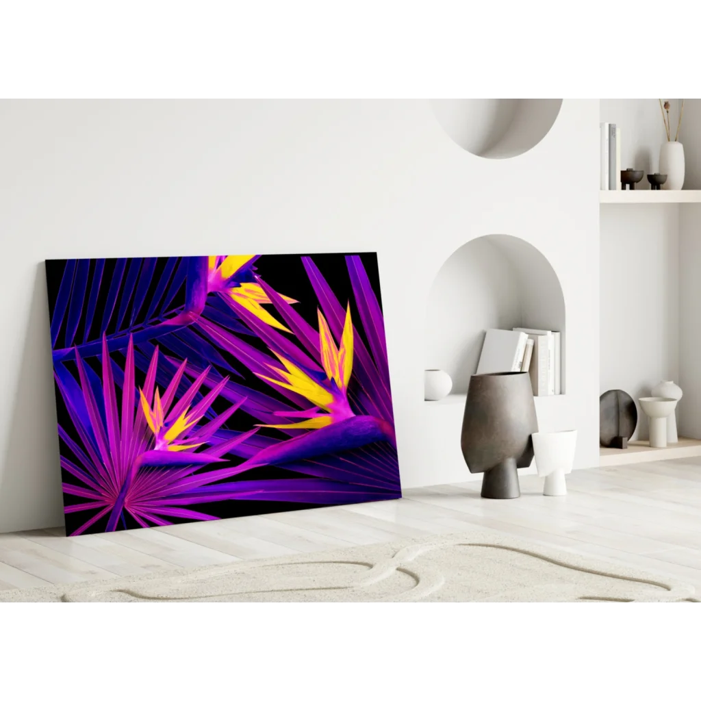 Vibrant purple and yellow tropical leaf canvas wall art print