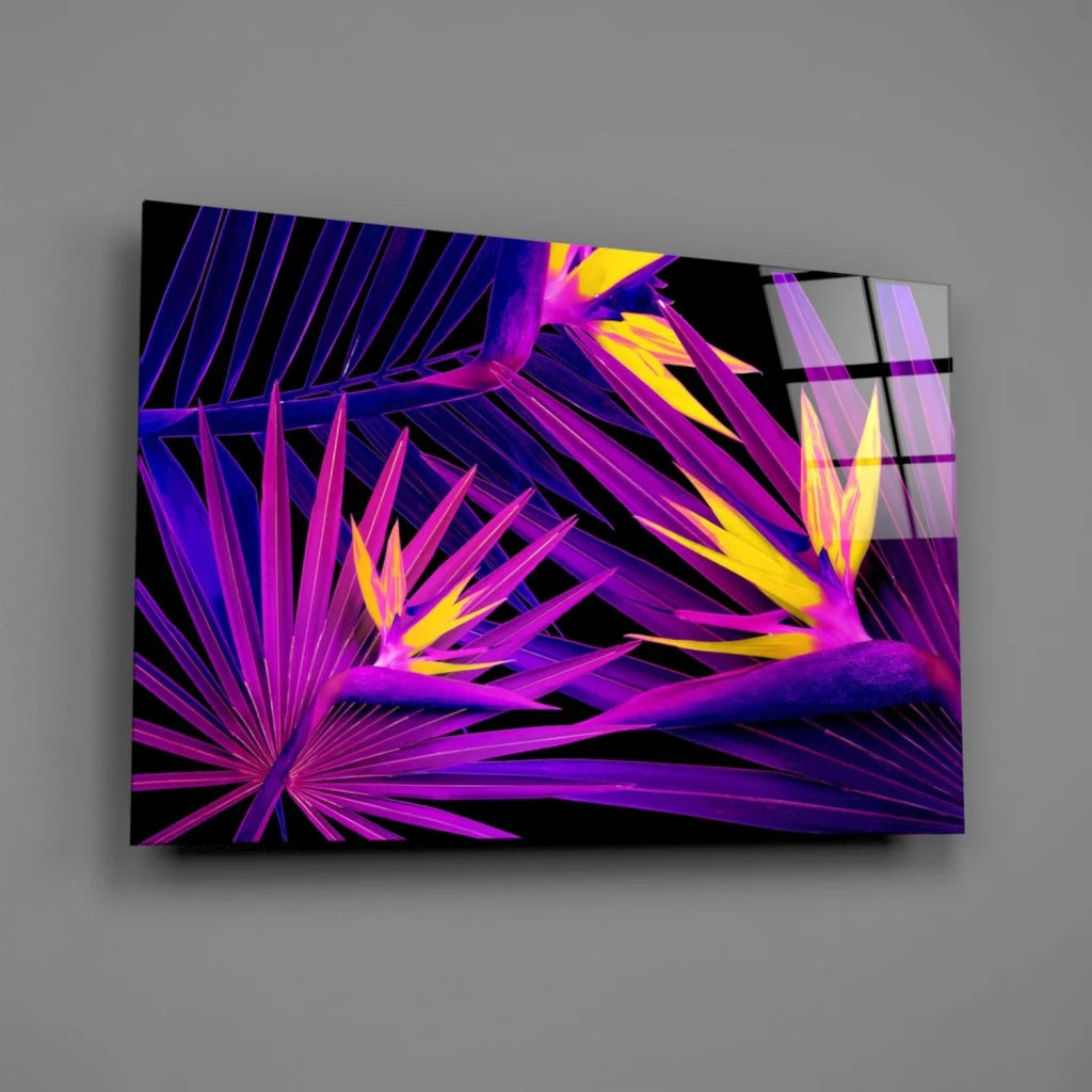 Vibrant purple tropical leaf wall art canvas print with yellow accents