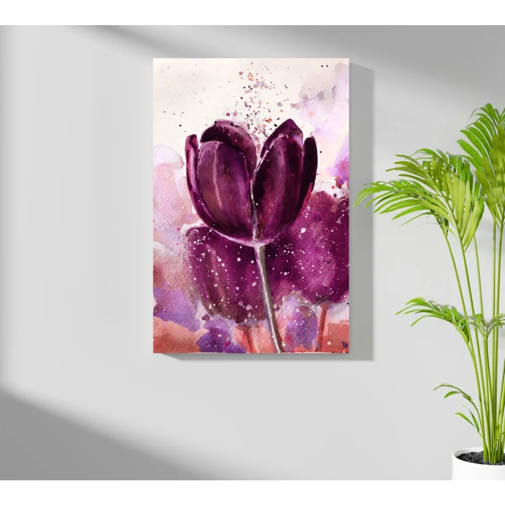 Vibrant purple tulip watercolor aluminum print with splattered accents