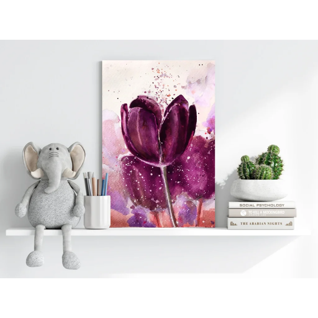 Vibrant purple tulip watercolor aluminum print on wall