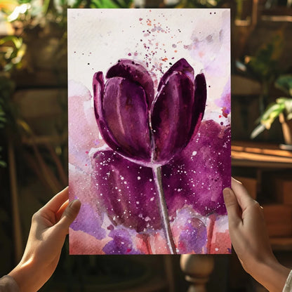 Vibrant purple tulip watercolor on aluminum print with pink and white splashes
