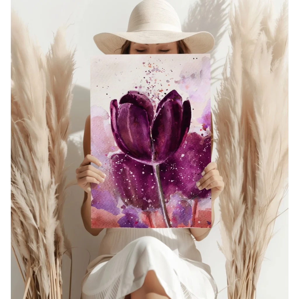 Vibrant purple tulip watercolor on aluminum print with pink lavender background