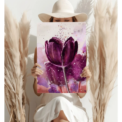 Vibrant purple tulip watercolor on aluminum print with pink lavender background