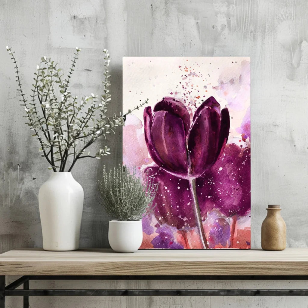 Vibrant purple tulip watercolor aluminum print with pink white accents