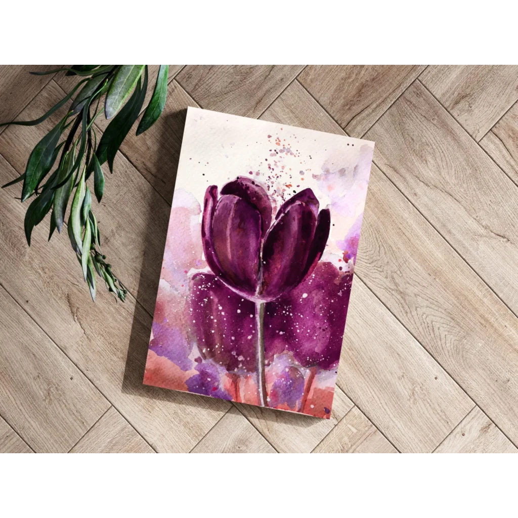 Vibrant purple tulip watercolor aluminum print with pink orange splashes
