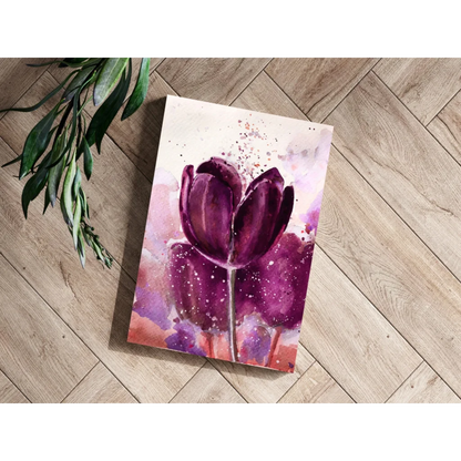 Vibrant purple tulip watercolor aluminum print with pink orange splashes