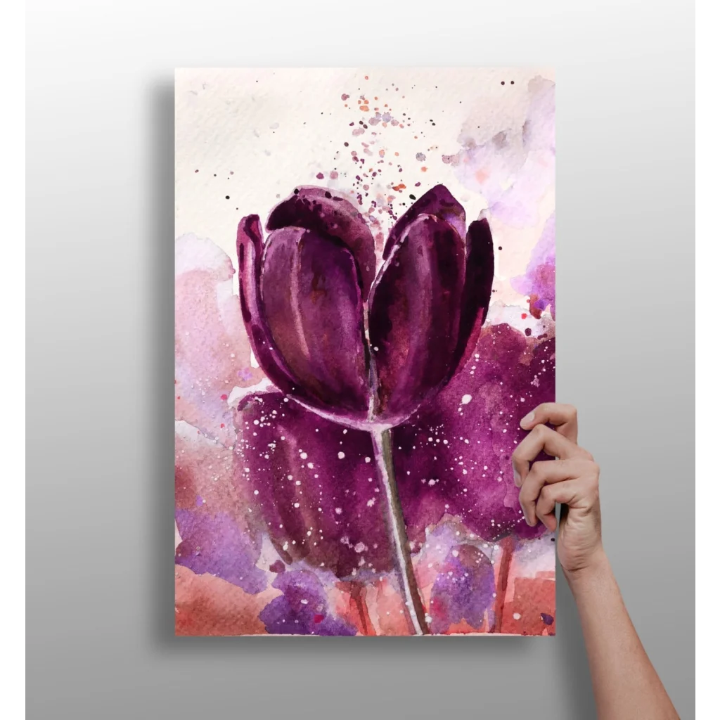 Vibrant purple tulip watercolor aluminum print with pink and orange splashes