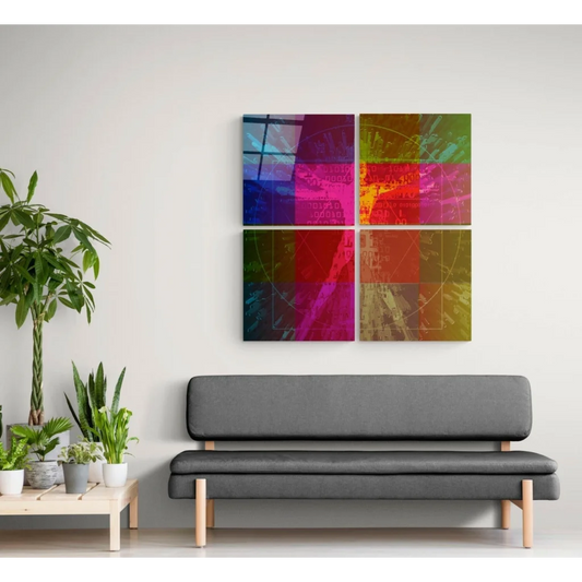 Vibrant Quad Panel Glass Wall Art With Bold Geometric Blocks | Insigneart USA | vintageantiquesgifts.com