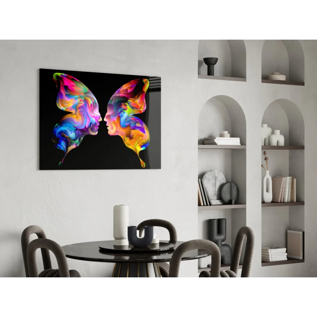 Vibrant rainbow butterfly glass wall art with glossy finish