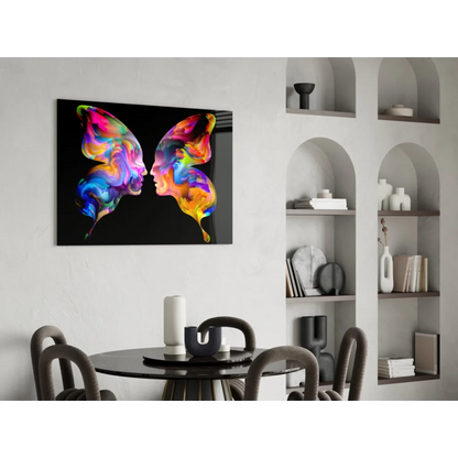 Vibrant rainbow butterfly glass wall art with glossy finish