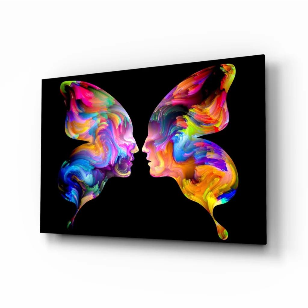 Vibrant rainbow butterfly glass wall art with glossy finish