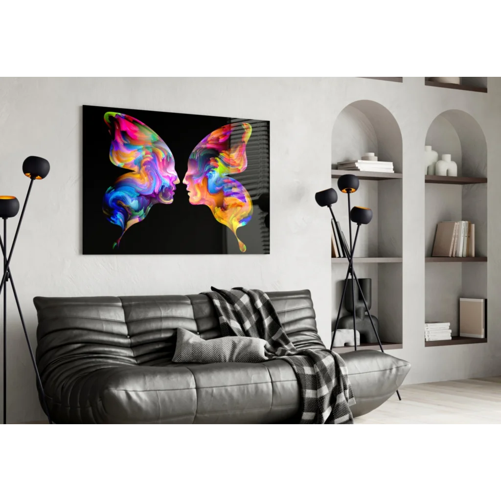 Vibrant rainbow butterfly glass wall art with glossy finish