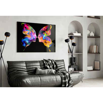 Vibrant rainbow butterfly glass wall art with glossy finish