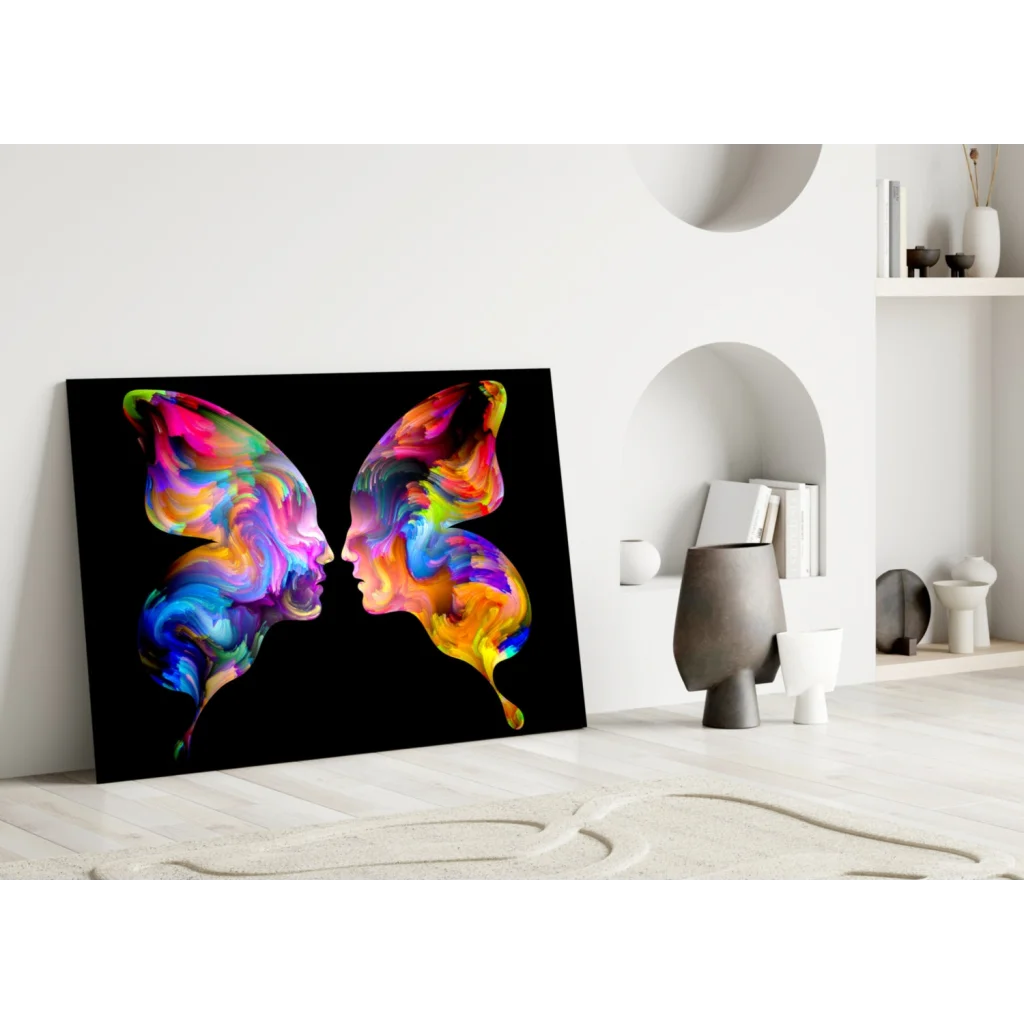 Vibrant rainbow butterfly glass wall art with glossy finish