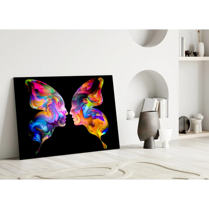 Vibrant rainbow butterfly glass wall art with glossy finish
