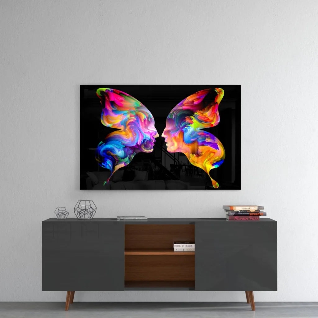 Vibrant rainbow butterfly glass wall art with glossy finish