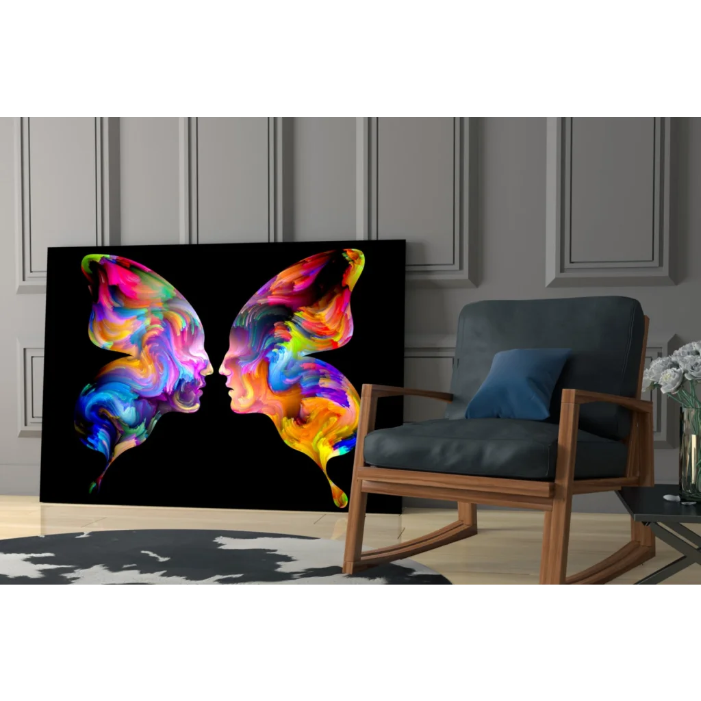 Vibrant rainbow butterfly glass wall art on black background